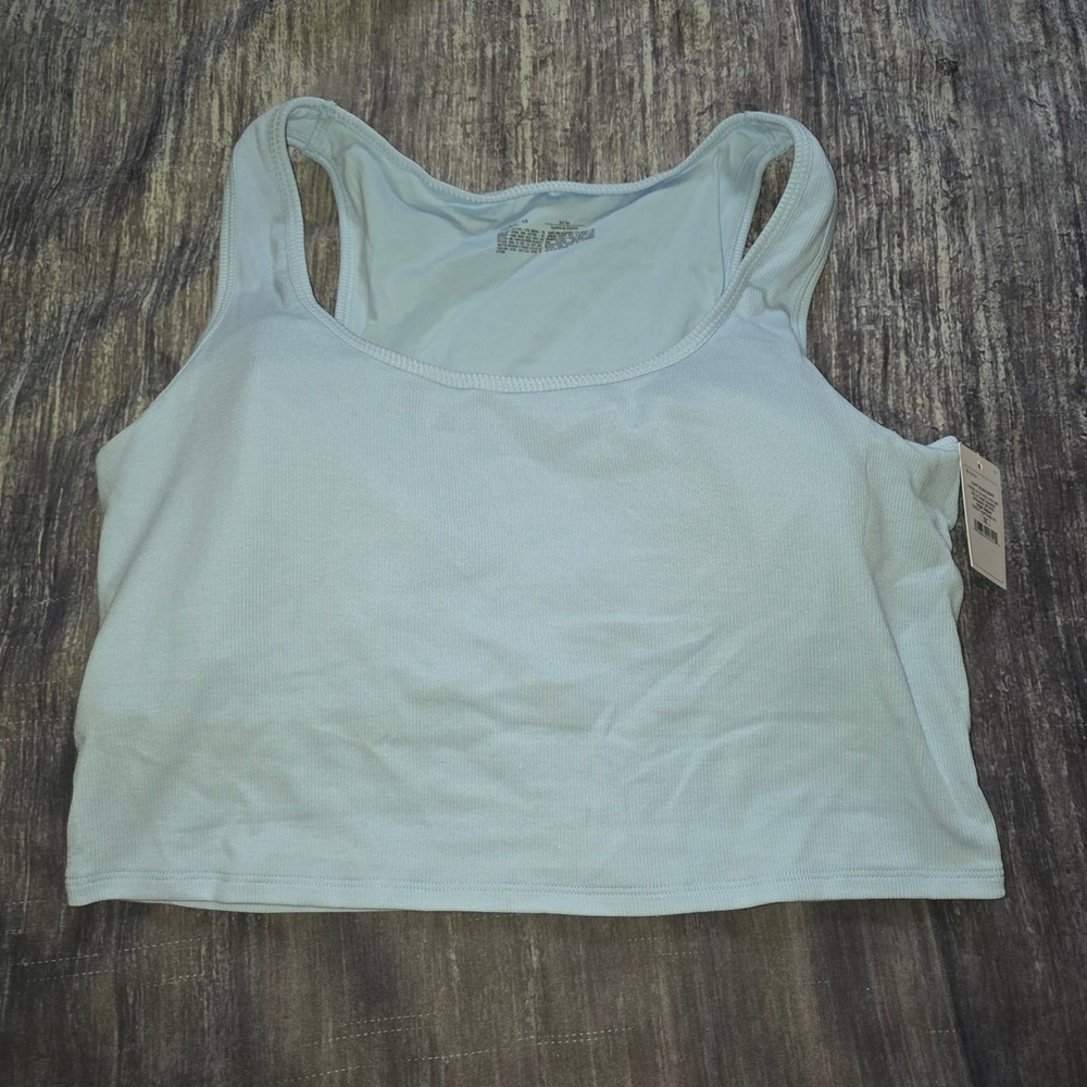 Auden Womens Plus 1X Light Blue Ribbed Crop Tank Top Built-in Shelf Bra NWT